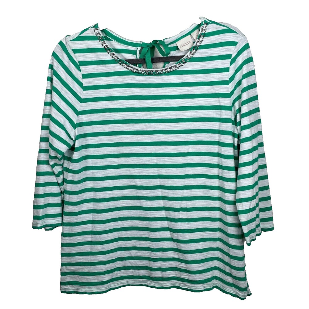 CHICOS Cotton Modal Blouse Tee Women Large Green Striped Beaded 3/4 Sleeve Shirt